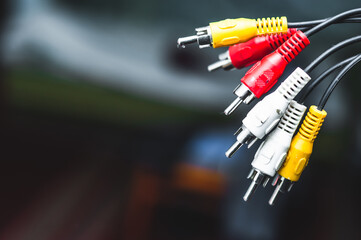 RCA jack or composite phono connector yellow, red and white close-up