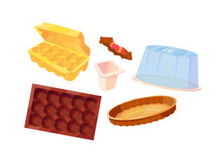 Set of different packaging for food. Egg container, packaging from the bar, yogurt packaging, candy tray, tray from the cake. Vector cartoon flat illustration isolated on white.