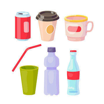Set of packaging for drink. Aluminium can, coffee cup, mug, straw, plastic glass and bottles. Vector cartoon flat illustration isolated on white.