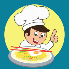 chef man with the toque holding a dish ready to serve. cartoon character. vector illustration