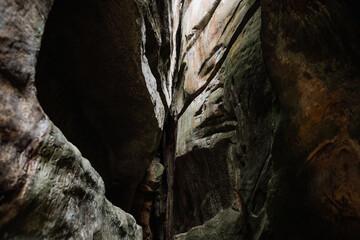 Mountain gorge. Rock texture. Caves in the mountains