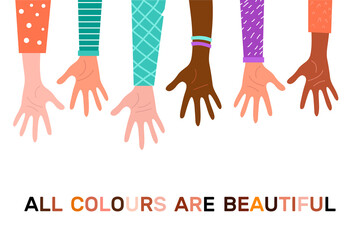 Stop racism. Black lives matter, we are equal. No racism concept. Flat style. Protesting hands people. Different skin colors. Vector illustration. Isolated.