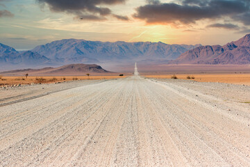 Gravel road and beautiful landscape in Namibia