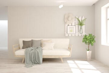 White living room with sofa. Scandinavian interior design. 3D illustration