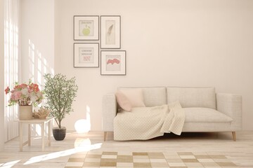 Fototapeta premium White living room with sofa. Scandinavian interior design. 3D illustration
