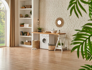 Modern washing room and machine style, bookshelf wooden table and botanic vase of plant.