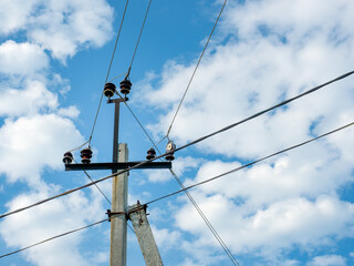 Electric pole and cable wiring, stock photo of transmitting electricity concept