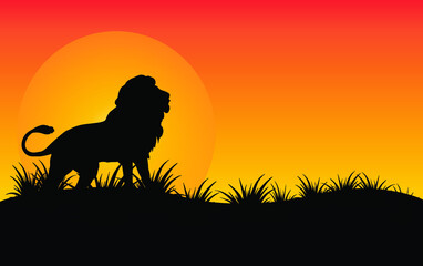 lion standing Against a Sunset Vector illustration,African nature with wild lion.Black silhouette of a lion.