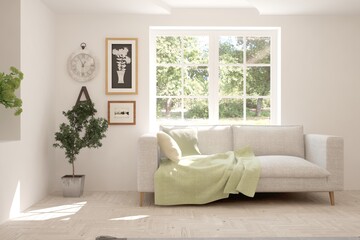 White living room with sofa and summer landscape in window. Scandinavian interior design. 3D illustration