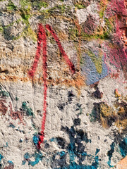 Hooligan smeared paint the walls of the old building. Landscape style. Grungy concrete surface with...