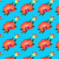 Seamless pattern with orange Orchid flowers on a soft blue background.