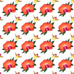 Obraz na płótnie Canvas Flowers on a white background. Seamless pattern with orange Orchid flowers.