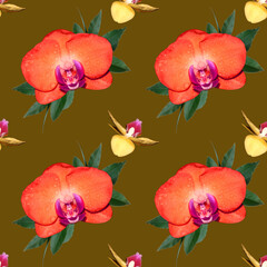 The flowers on the background of the color khaki. Seamless pattern with orange and yellow Orchid flowers.