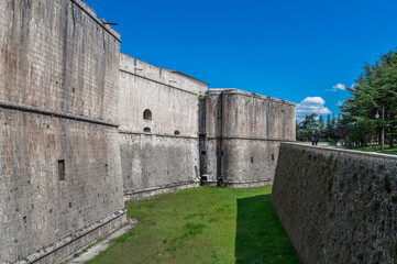 Fototapeta na wymiar Panoramic view during a sunny day of the Spanish fortress, (also known as Forte Spagnolo), the main castle of the city of L'Aquila, Abruzzo, Italy