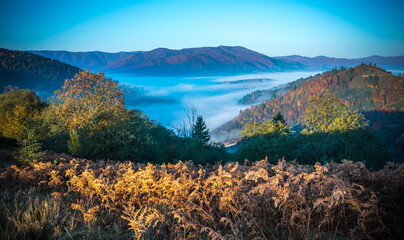 Fototapeta premium Morning sun illuminating rolling hills with light rays