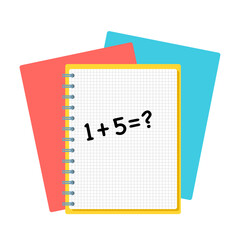 Template with spiral notepad and paper sheets math example isolated on white background with place for text. Diary for business, school vector background with open notebook. Office stationery items.