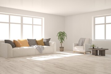 White living room with sofa. Scandinavian interior design. 3D illustration
