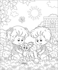Little children brushing their cheerful small Papillon puppy for a walk on a sunny summer day, black and white outline vector cartoon illustration for a coloring book page