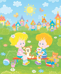 Obraz na płótnie Canvas Cheerful small children sitting on a bench, talking and playing with their funny colorful toys on a summer playground in a park on a sunny day, vector cartoon illustration