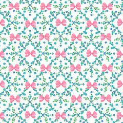 Seamless pattern with forget-me-not flowers and a pink bow.
