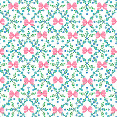 Seamless pattern with forget-me-not flowers and a pink bow.