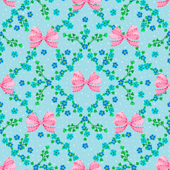 Seamless pattern with forget-me-not flowers and a pink bow.