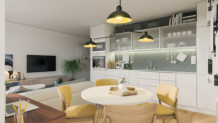 kitchen in small apartment - 3d rendering