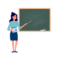 Young female teacher on lesson at blackboard in classroom isolated on white background. Teacher with pointer showing on board. Vector flat illustration. Design for banner, card