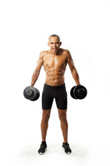 handsome muscle man doing exercises with dumbbells isolated  on white background 