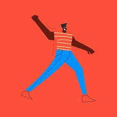 Demonstration, revolution, protest. Man with raised arm fist. Black, african american character isolated on red background. Flat vector illustration