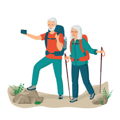 Obraz premium Happy healthy elderly couple of tourists with backpacks take selfie on smartphone. Retired outdoor activity concept. Age trekking, hiking. Active seniors man and woman. Сartoon vector illustration