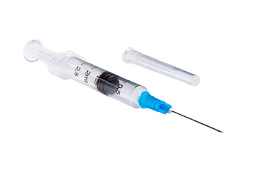 Medical syringe and protective cap isolated on white background.