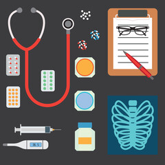 Fototapeta na wymiar top view of doctor's table in doctor's room full of medical stuff. vector illustration