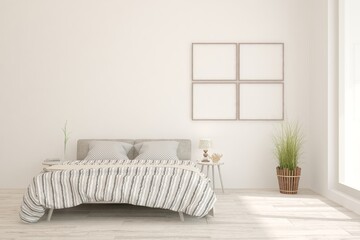 White bedroom interior. Scandinavian design. 3D illustration
