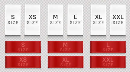 Red white cloth labels with size for apparel, brand tags S, L, M, XL symbols, textile badges with seams and fabric texture. Clothing isolated on transparent background Realistic vector illustration