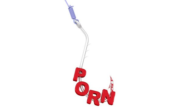 Pornography as a dangerous lure. Red word PORN strung on a fishing hook. Footage video