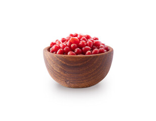 Elaeagnus multiflora (Goumi, Gumi, Natsugumi, or Cherry silverberry), is a species of Elaeagnus native to China, Korea, and Japan. Heap of gumi berries in a wooden bowl. Cherry silverberry isolated.