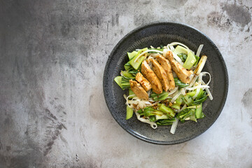 Spicy Asian Chicken with Rice Noodles and Bok Choy