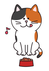 ご飯を楽しみにしている三毛猫 / Calico cat licking her lips about to eat cat food. Vector illustration isolated on white background.