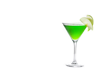 Green appletini cocktail in glass isolated on white background. Copy space
