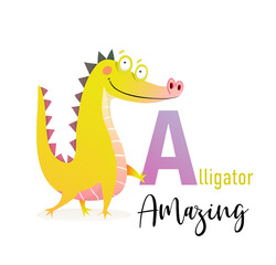 Cute Alphabet for children study. Fun cartoon amazing Alligator holding letter A. Kindergarten and preschool reading study. Vector illustration in watercolor style.