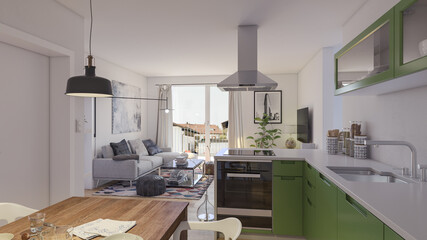 modern small apartment with kitchen and sofa - 3d rendering