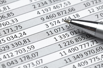 business office desk closeup - financial reports, analysis and accounting, set of documents, tables and graphs, various items for bookkeeping, calculator