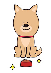 Brown cartoon dog watching a bowl of food happily, vector illustration.