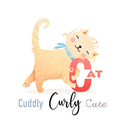 Cute cartoon Cat Cuddly and Curly for letter C. Fun Alphabet for kids education and study. Kindergarten and preschool reading study. Vector illustration in watercolor style.