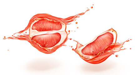 Grapefruit in juice splashes set, half and quarter slices with liquid drops isolated on white background, ripe pomelo fruit design elements for natural drink ad, Realistic 3d vector illustration