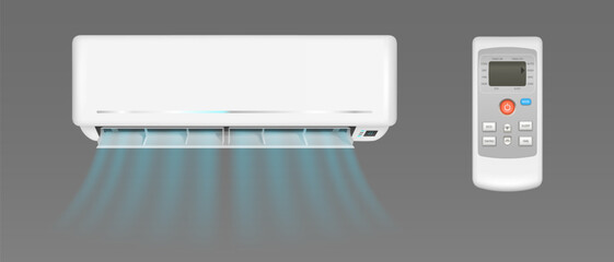 Air conditioner with cold wind flows and remote control. Vector realistic mockup of split system for climate control in home room or office. White aircon isolated on gray background