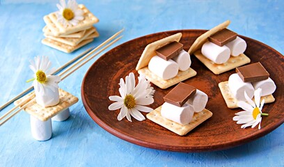 Ingredients for making smores on a clay plate: marshmallows, milk chocolate, wheat cracker. American food.