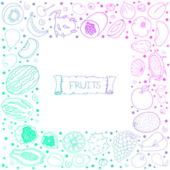 Set with fruit. Doodle style. Kiwi, grapes, pomegranates, currants on a white background. Vector isolated illustration with tropical fruits. Apples, pears, cherries, apricots, watermelons, melons.