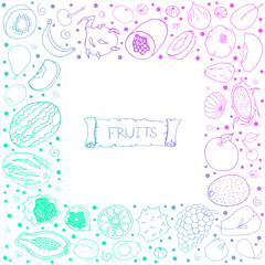Set with fruit.  Doodle style. Kiwi, grapes, pomegranates, currants on a white background. Vector isolated illustration with tropical fruits.  Apples, pears, cherries, apricots, watermelons, melons.